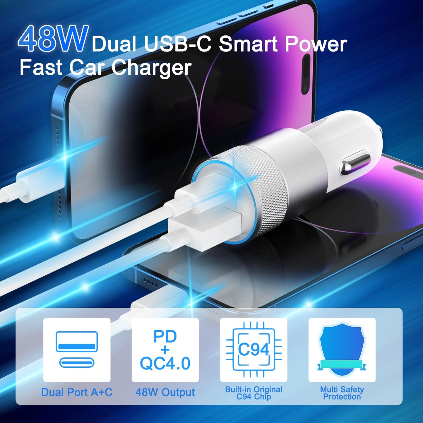 Fast Car Charger and Carplay Cable, 48W Dual Port USB A and USB C Car Charger Adapter with 2Pack High Speed Charging L ightning Cable for i Phone