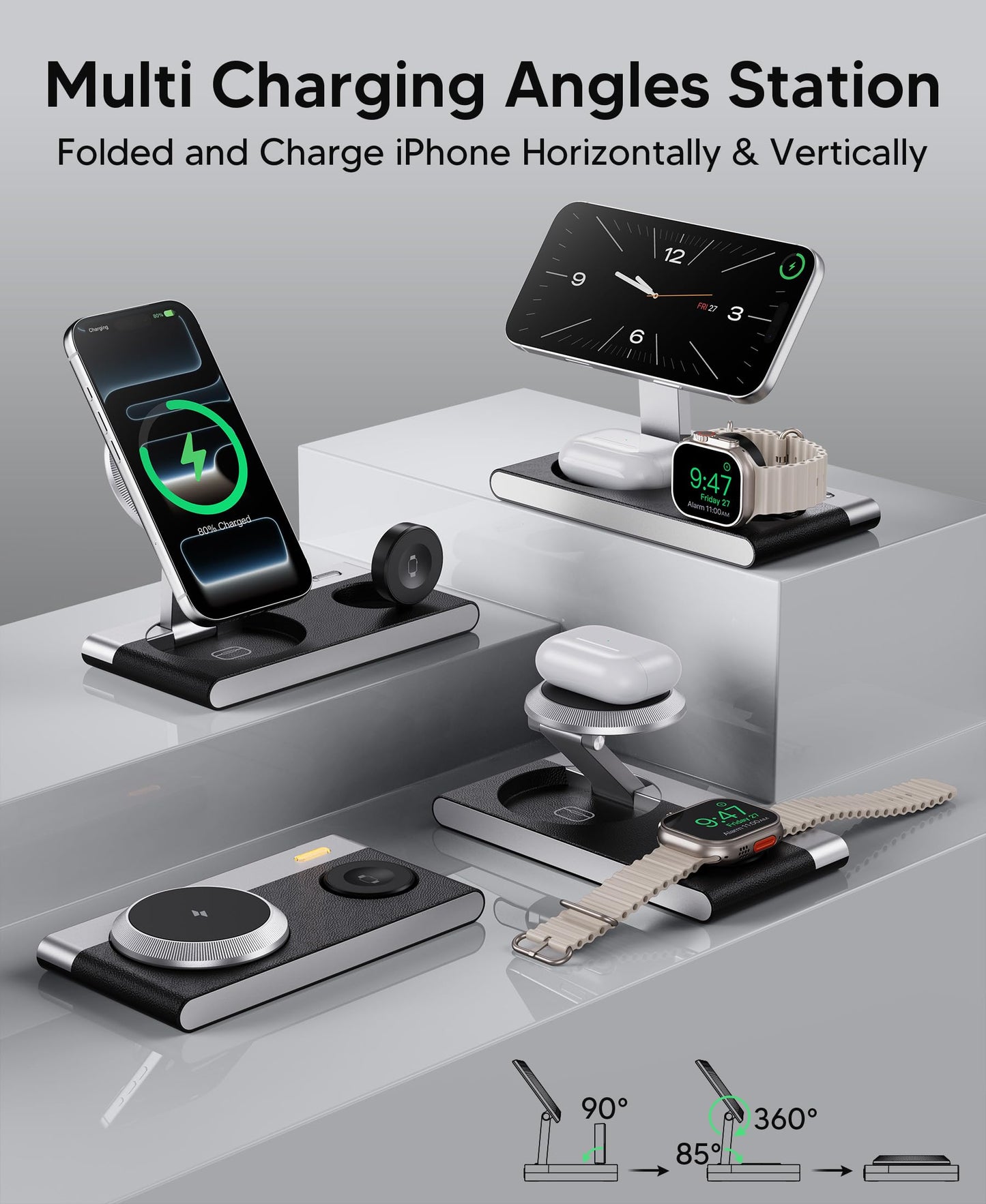 3 in 1 Magnetic Wireless Charging Station for Apple Devices,Foldable Wireless Charger Stand for Magsafe iPhone 17 Air 16/15/14/13/12,Apple