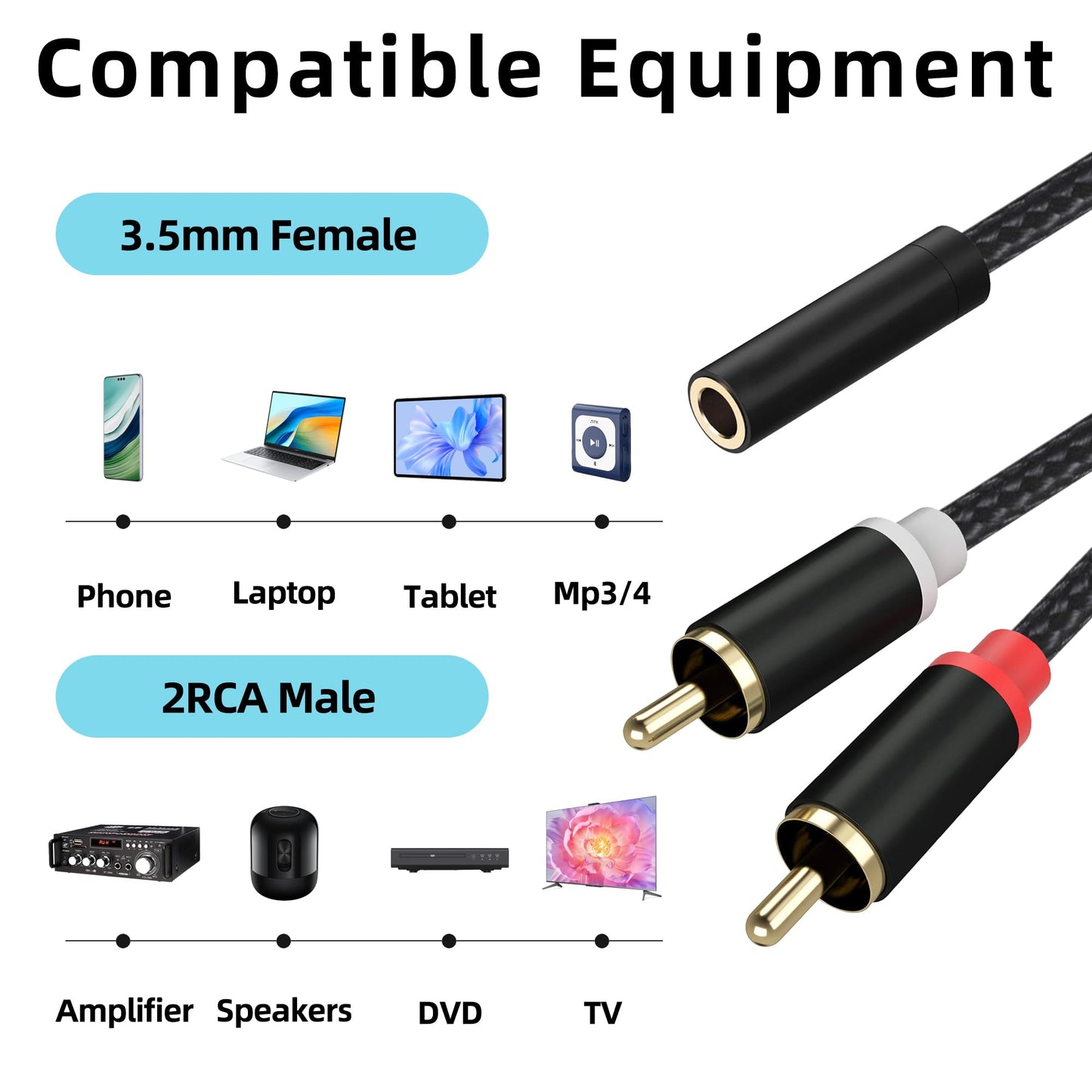 Froggen 3.5mm Female to 2 RCA Male Stereo Cable, 3.5mm to RCA Bi-Directional AUX Auxiliary Y Cable Gold Plated Adapter Compatible for TV,Smartphones