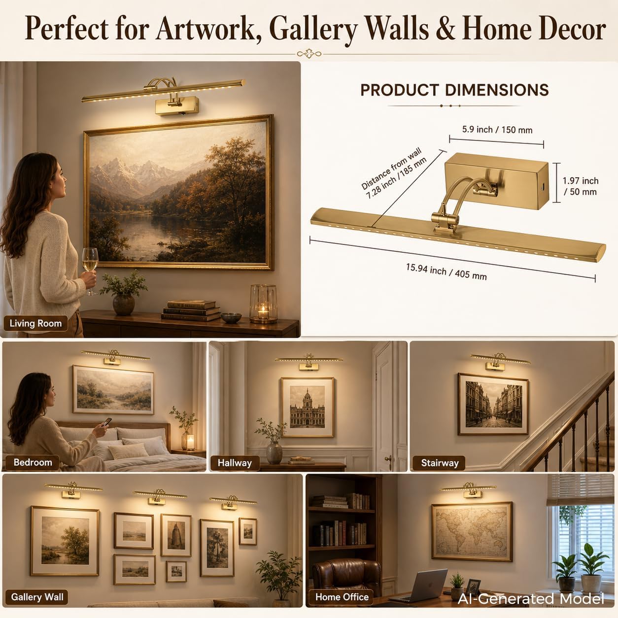 JOOSENLUX 16" Rechargeable Picture Light, Battery Operated Wireless Art Light with Remote, Dimmable Brass Gallery Wall Lamp for Paintings