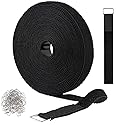 1 in x 32 ft Adjustable Fastening Cable Straps, Hook and Loop Straps with 50 Metal Buckles, Reusable Nylon Securing Cord Ties for Organizer or