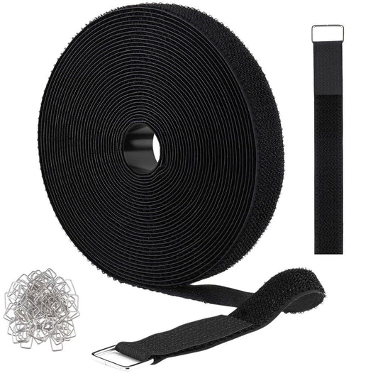 1 in x 32 ft Adjustable Fastening Cable Straps, Hook and Loop Straps with 50 Metal Buckles, Reusable Nylon Securing Cord Ties for Organizer or