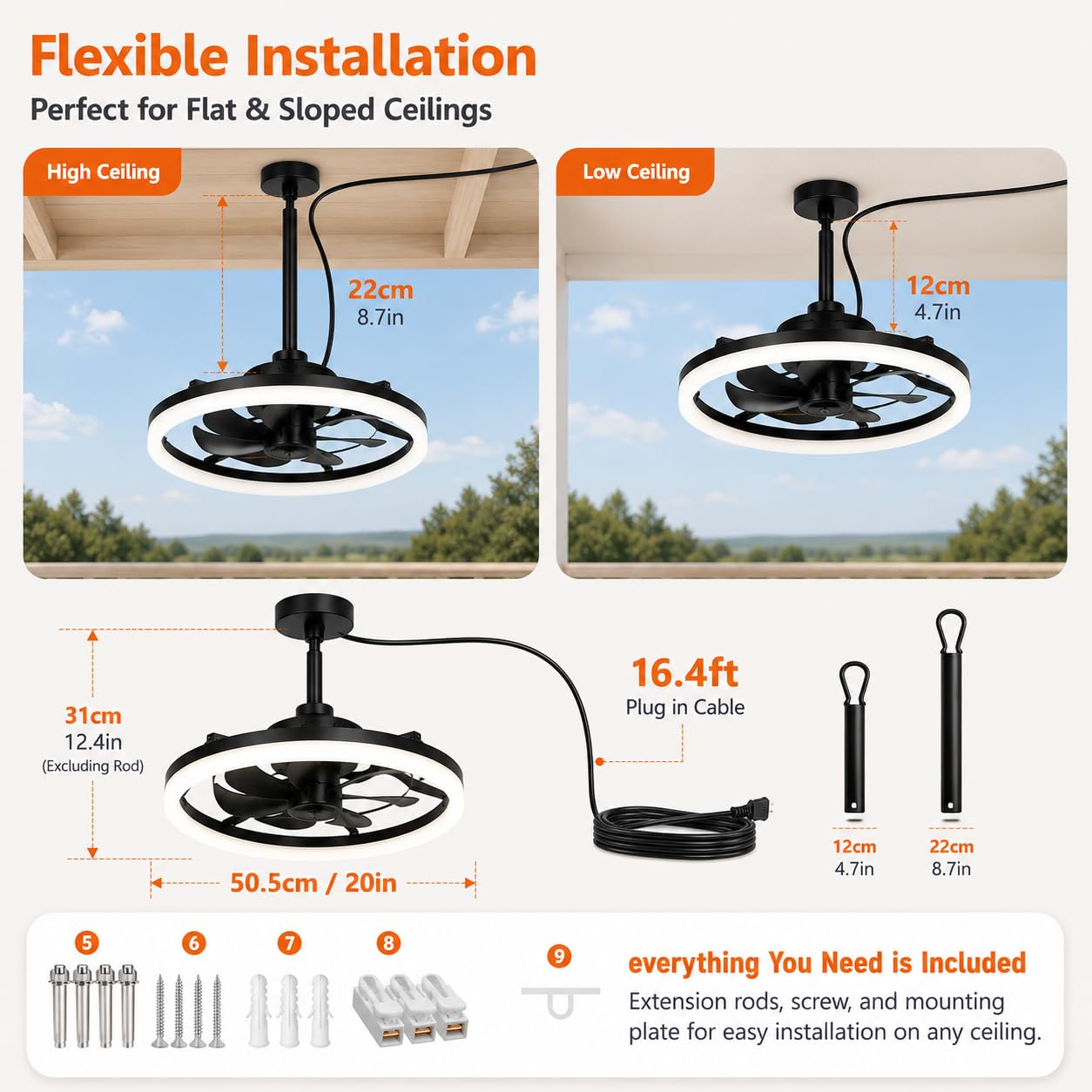 Seyxicnor 20'' Outdoor Ceiling Fan with Light, IP65 Waterproof Gazebo Fan, Plug-in Hanging Fan Remote & App Control, 4500LM 3CCT Dimmable LED, 6-Speed