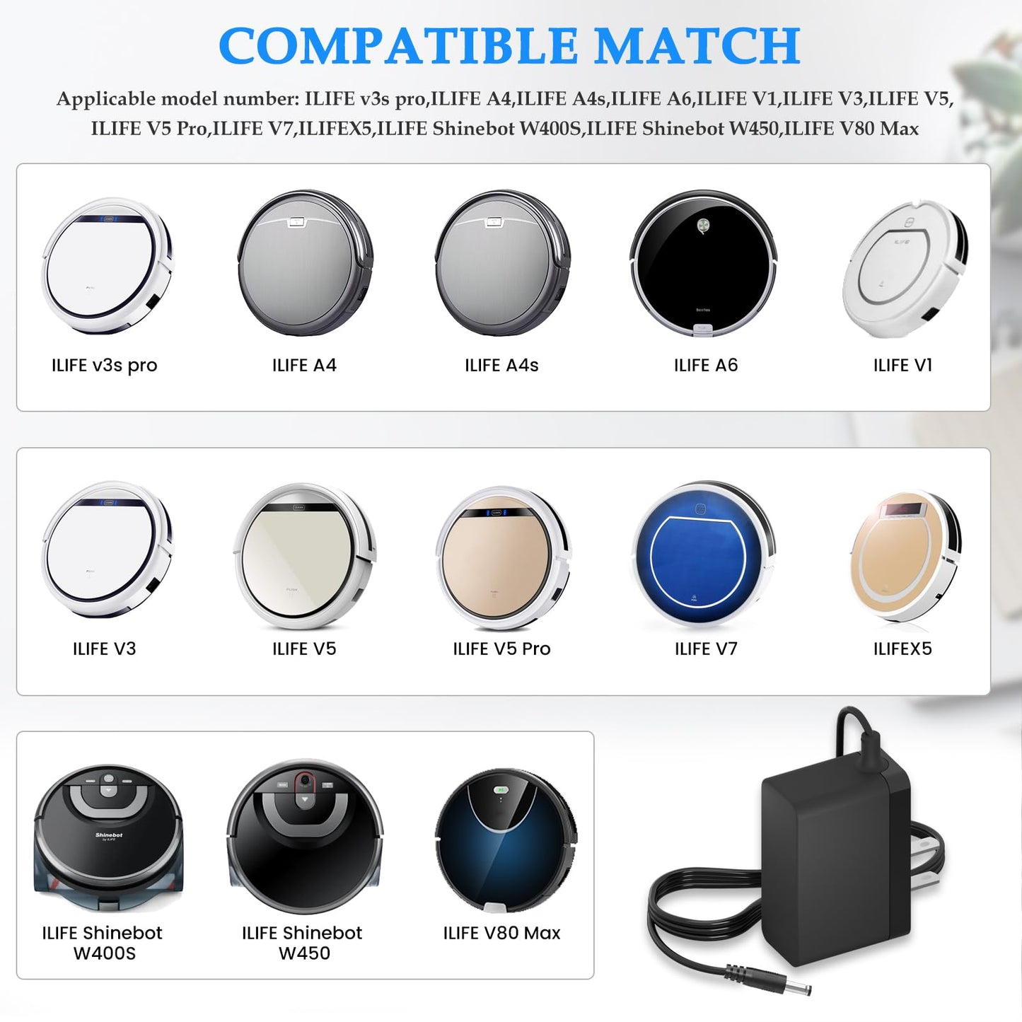 Charger for Robotic Vacuum Cleaner Compatible with ILIFE V3 V5 A4 A4s A6 V1 V5 V7 V5 Pro X5 Shinebot W400S Mopping Power Supply Replace Sweeping…