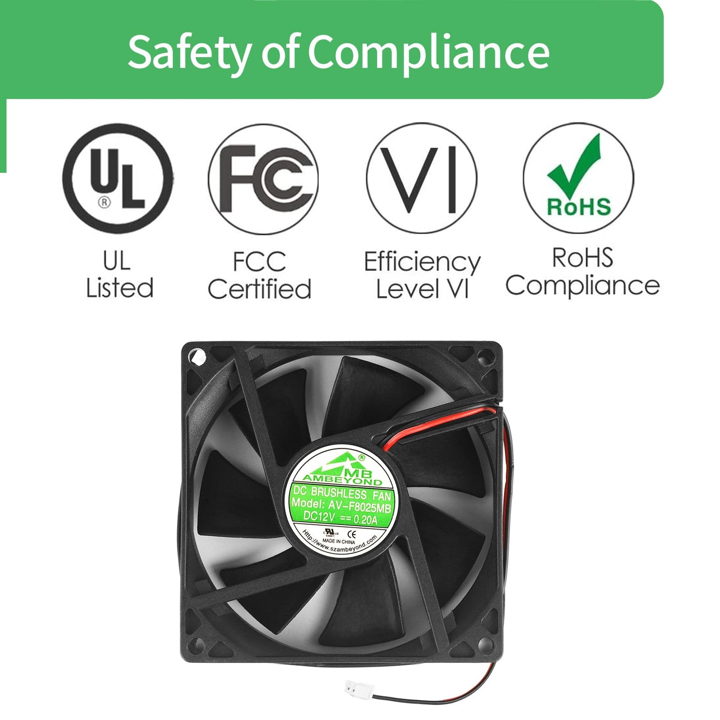Security-01 80mm by 80mm by 25mm 8025 12V DC 0.20A Dual Ball Bearing Brushless Cooling Fan 2pin AV-F8025MB UL CE