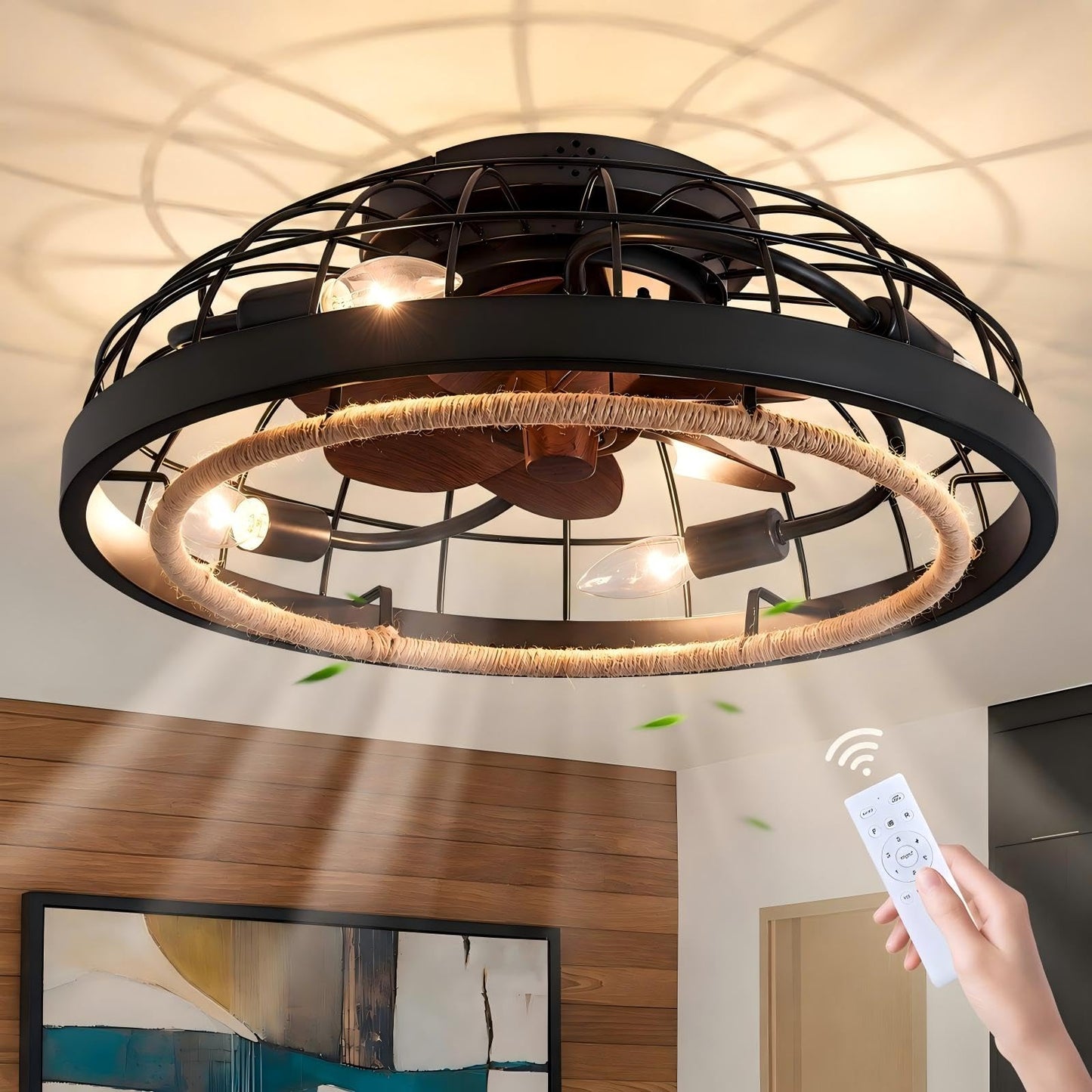 Merexcint 20" Rattan Ceiling Fan with Light and Remote, Black Ceiling Fan Rustic Flush Mount Bladeless Ceiling Fan Low Profile, Small Farmhouse Caged