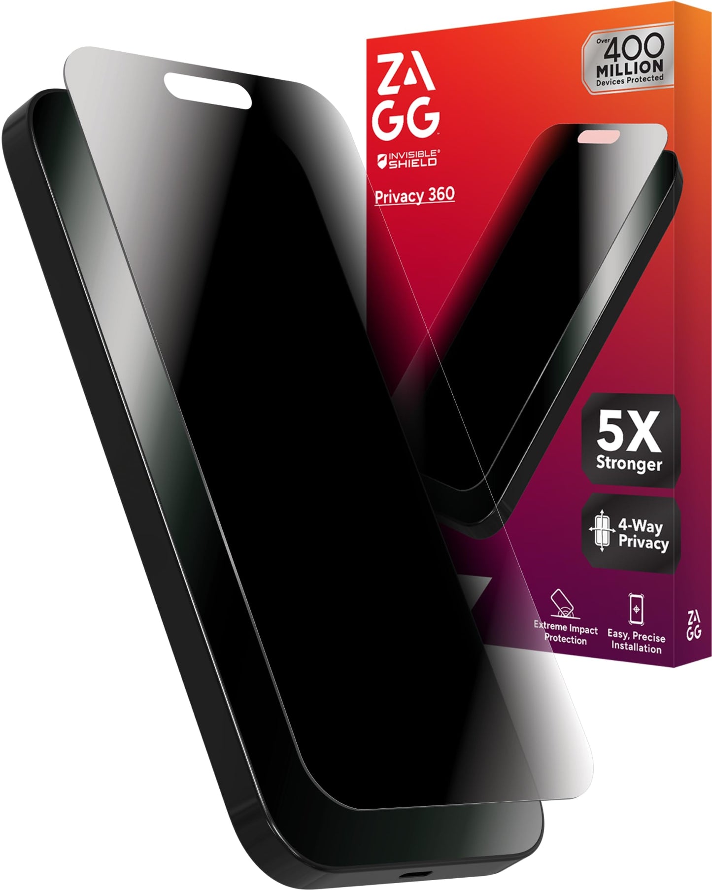 ZAGG Glass Elite Privacy 360 Screen Protector for iPhone 16 Plus / 15 Plus - 4-Way Privacy, Ultra-Strong Tempered Glass, 5X Stronger