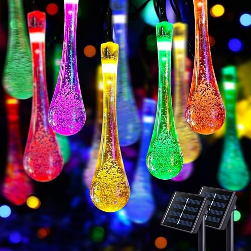 JMEXSUSS 2 Pack Solar String Lights Outdoor Waterproof, Total 41.6FT 60 LED Teardrop Water Drop Solar Lights, Multi Colored Christmas Lights