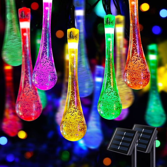 JMEXSUSS 2 Pack Solar String Lights Outdoor Waterproof, Total 41.6FT 60 LED Teardrop Water Drop Solar Lights, Multi Colored Christmas Lights