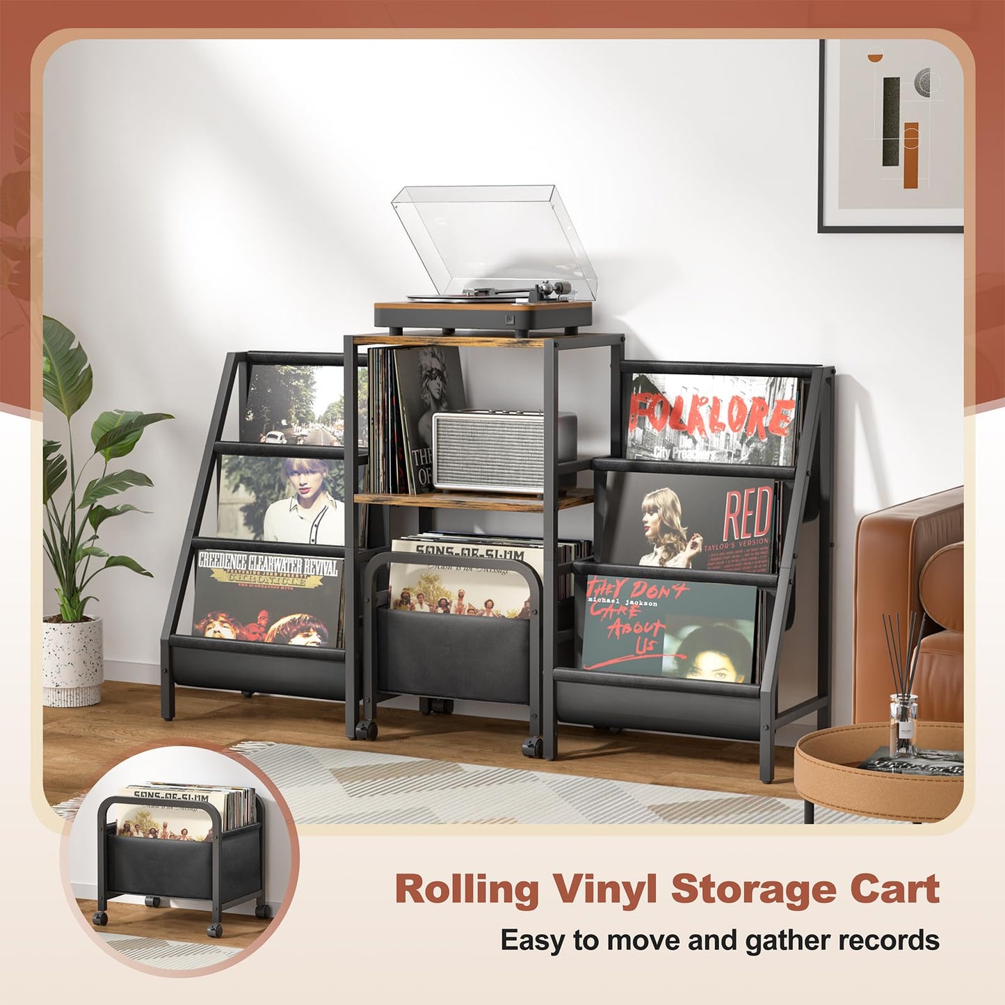 Tewinko Record Player Stand with Vinyl Storage Cart, Record Player Table with Record Storage 200 Albums, Turntable Stand with Record Holder Vinyl