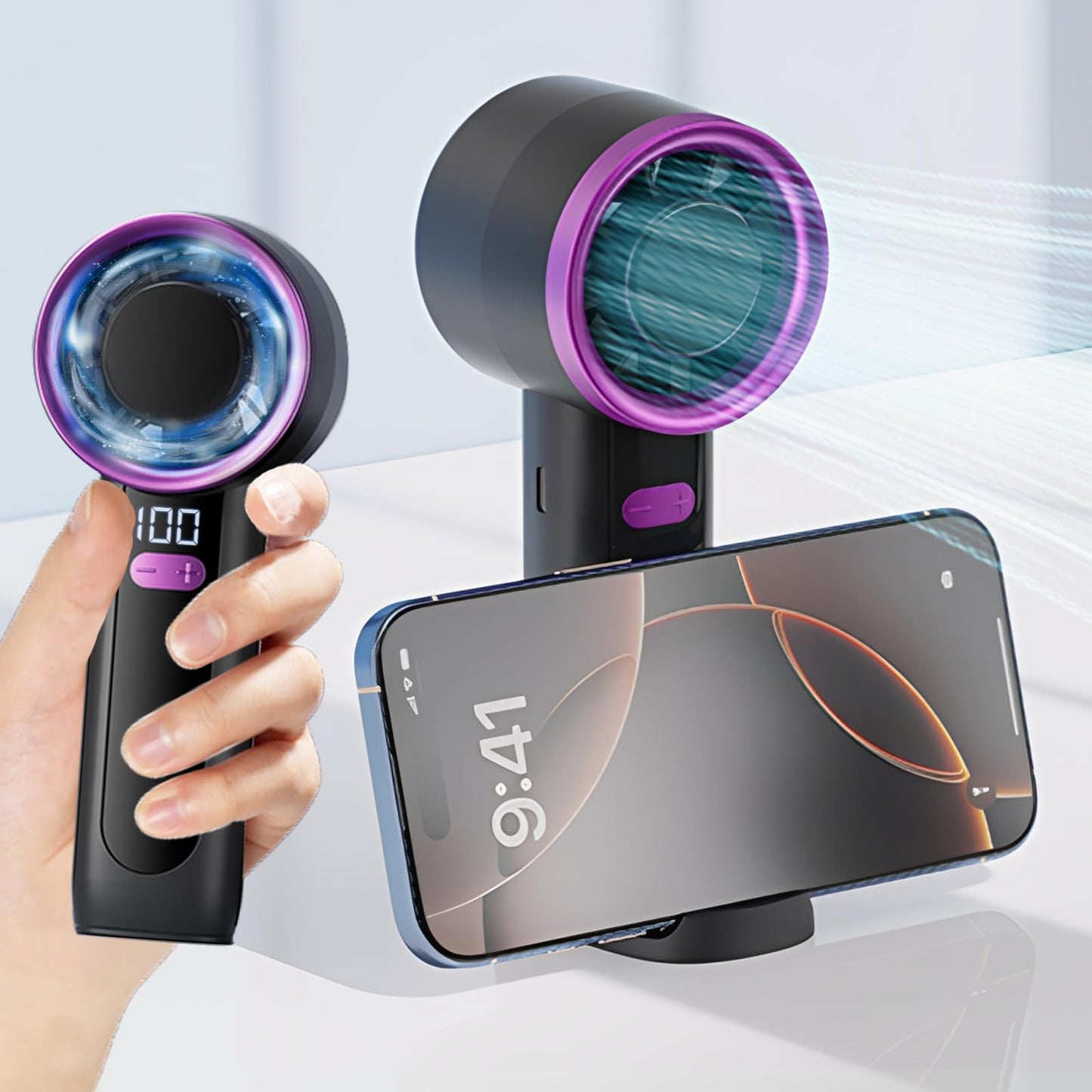 Evoliq Handheld Fan Rechargeable, Mini Portable Hand Fan with 6 Speeds, USB-C Personal Fan with LED Display & Phone Stand, 12H Battery Travel Fan