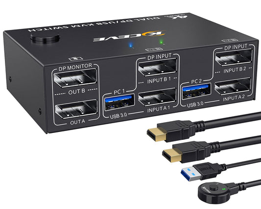 KCEVE KVM Switch 2 Monitors 2 Computers Displayport, USB 3.0 KVM Switch Dual Monitor for 2 Computer Share 4 USB 3.0 Devices, 4K@144Hz, Wired Remote(4K