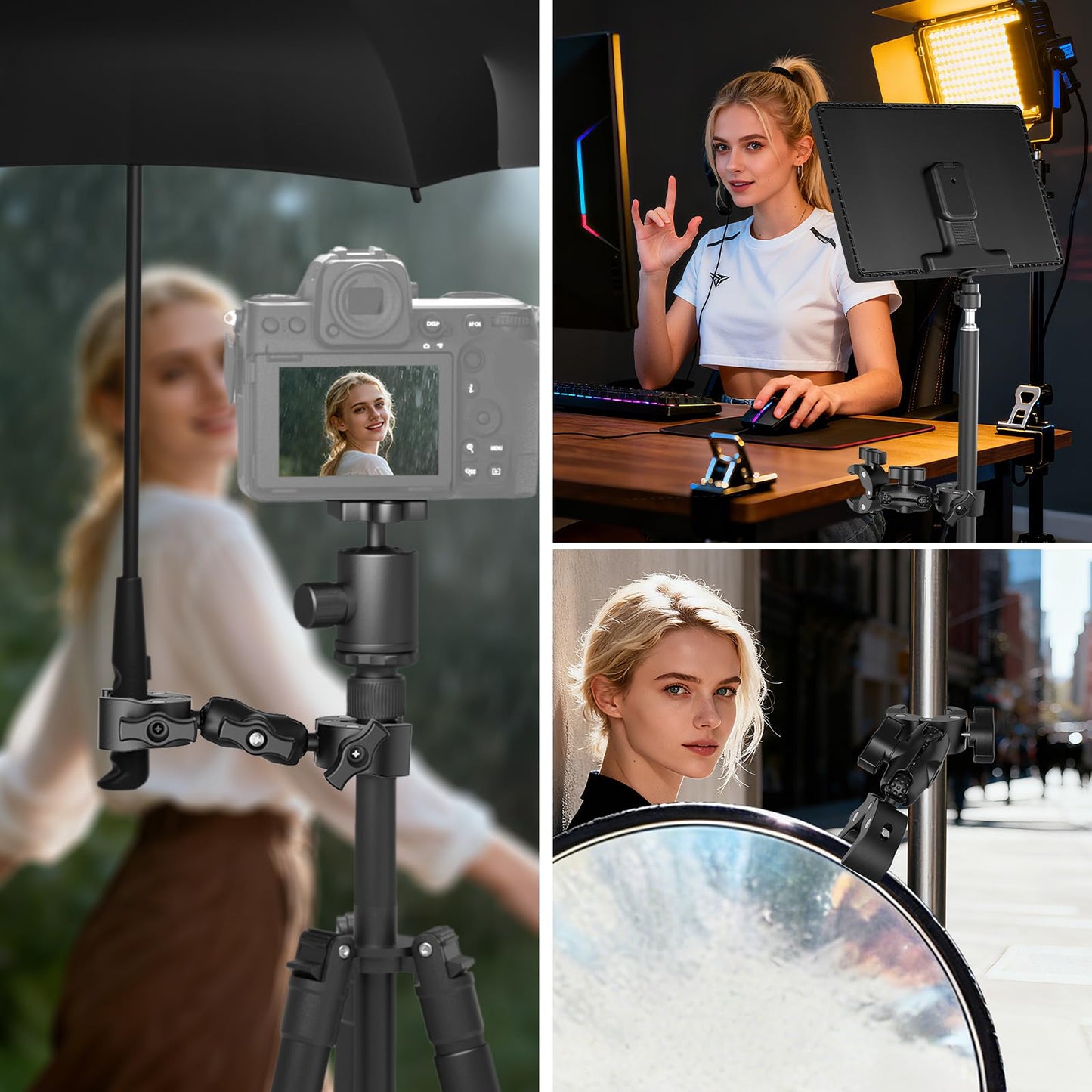 NEEWER Double Super Clamp Mount with Magic Arm, 360° Umbrella Flag Pole Clamp Holder for Desk Photo Studio Light Stand Photography Reflector Scrim
