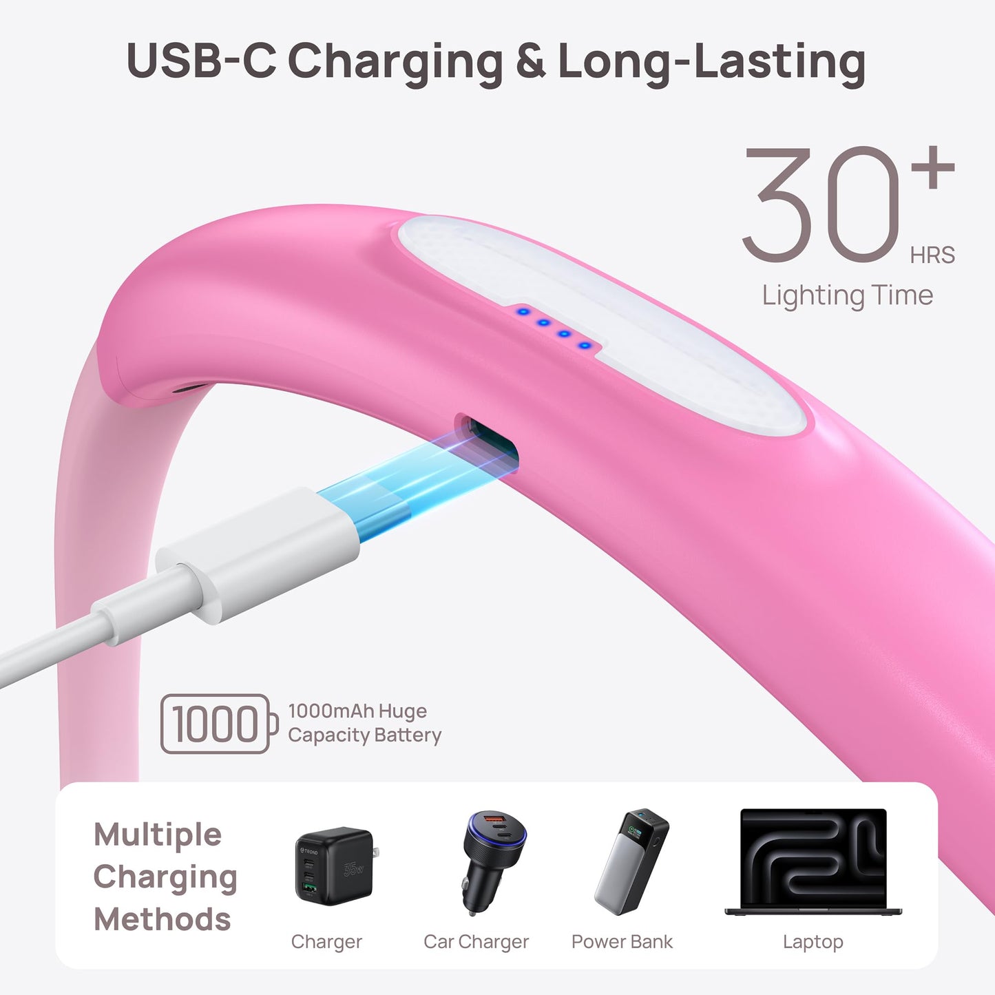 TROND LED Neck Reading Light, 3 Color 3 Brightness Book Light for Reading in Bed, 1000mAh Rechargeable Lamp, Flexible Arm with Outdoor Warning Lamp