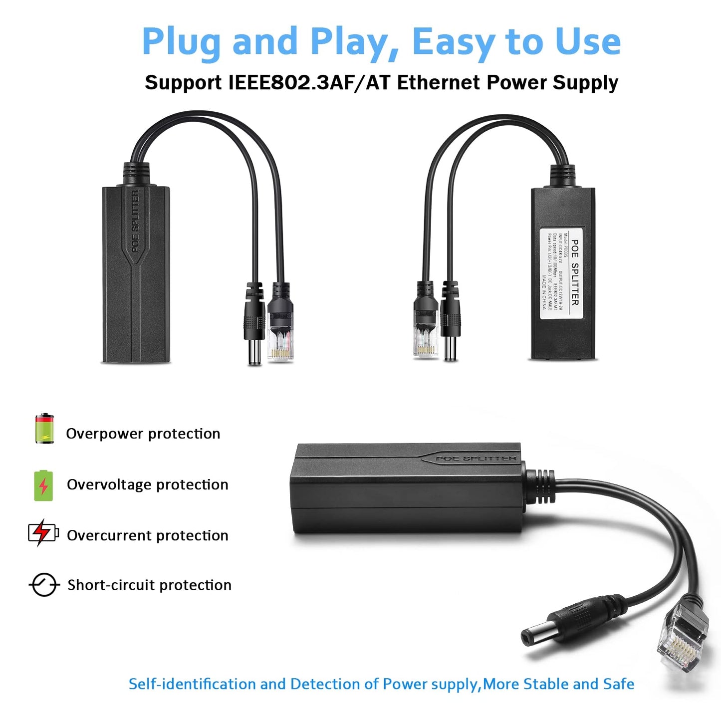 Bawofu Active PoE Power Over Ethernet Splitter Adapter 48V to 12V, 5.5x2.1mm DC, IEEE 802.3AF/at Compliant 10/100Mbps PoE Splitter with 12V Output