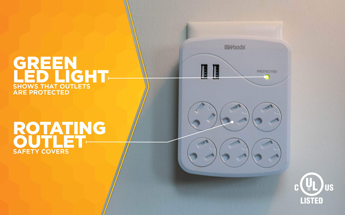 Woods 41079 Surge Protector with 6 Outlets and 2 USB Type A Ports with 1000J of Protection; White