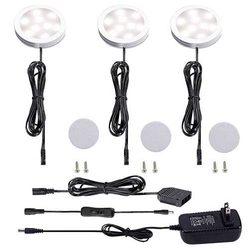 AIBOO 12V LED Under Cabinet Lighting Kit 3 Packs Slim Aluminum Puck Lights with 2-Way Switch All Accessories Included for Counter Closet Lighting 6W