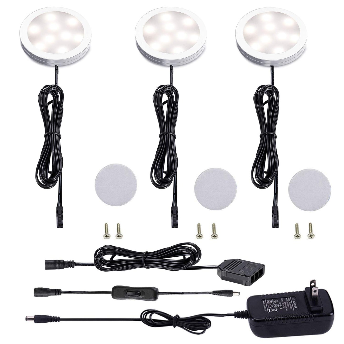 AIBOO 12V LED Under Cabinet Lighting Kit 3 Packs Slim Aluminum Puck Lights with 2-Way Switch All Accessories Included for Counter Closet Lighting 6W