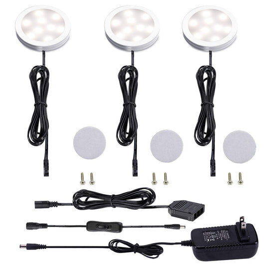 AIBOO 12V LED Under Cabinet Lighting Kit 3 Packs Slim Aluminum Puck Lights with 2-Way Switch All Accessories Included for Counter Closet Lighting 6W