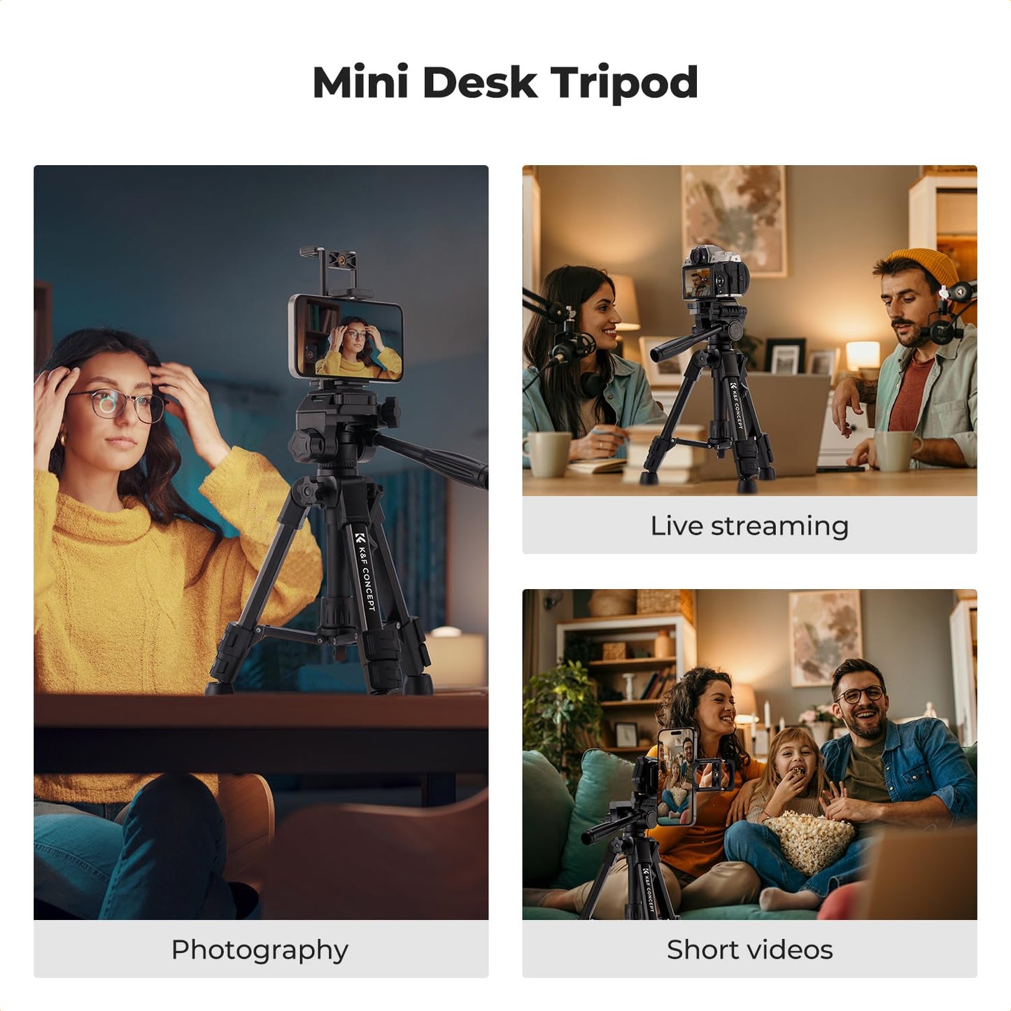 K&F CONCEPT Mini Desk Tripod for Camera, 25" Aluminum Tabletop Cellphone Video Tripods with Remote Control, Portable Small Tripod for DSLR Cameras