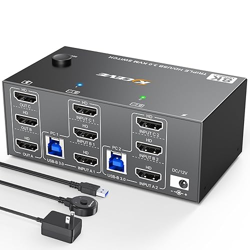 KCEVE KVM Switch 3 Monitors 2 Computers HDMI 8K@60Hz 4K@144Hz, USB 3.0 KVM Switch Triple Monitor for 2 Computer Share 4 USB 3.0 Devices Mouse