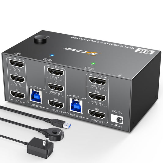KCEVE KVM Switch 3 Monitors 2 Computers HDMI 8K@60Hz 4K@144Hz, USB 3.0 KVM Switch Triple Monitor for 2 Computer Share 4 USB 3.0 Devices Mouse