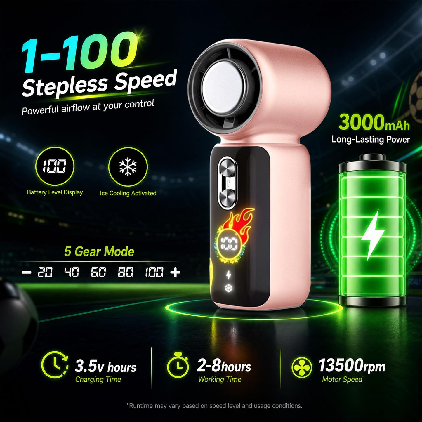 Pawvita Soccer Handheld Fan with LED Soccer Animation, Ice Cooling 16°C