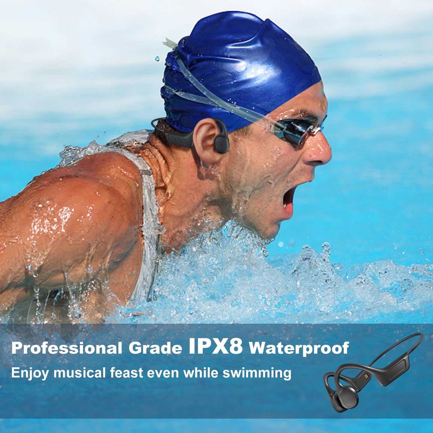 SilisoundTek Bone Conduction Swimming Headphones,Waterproof IP68,Wireless Bluetooth 5.3 Earphones with Microphone, Built-in 32GB MP3 Open Ear…