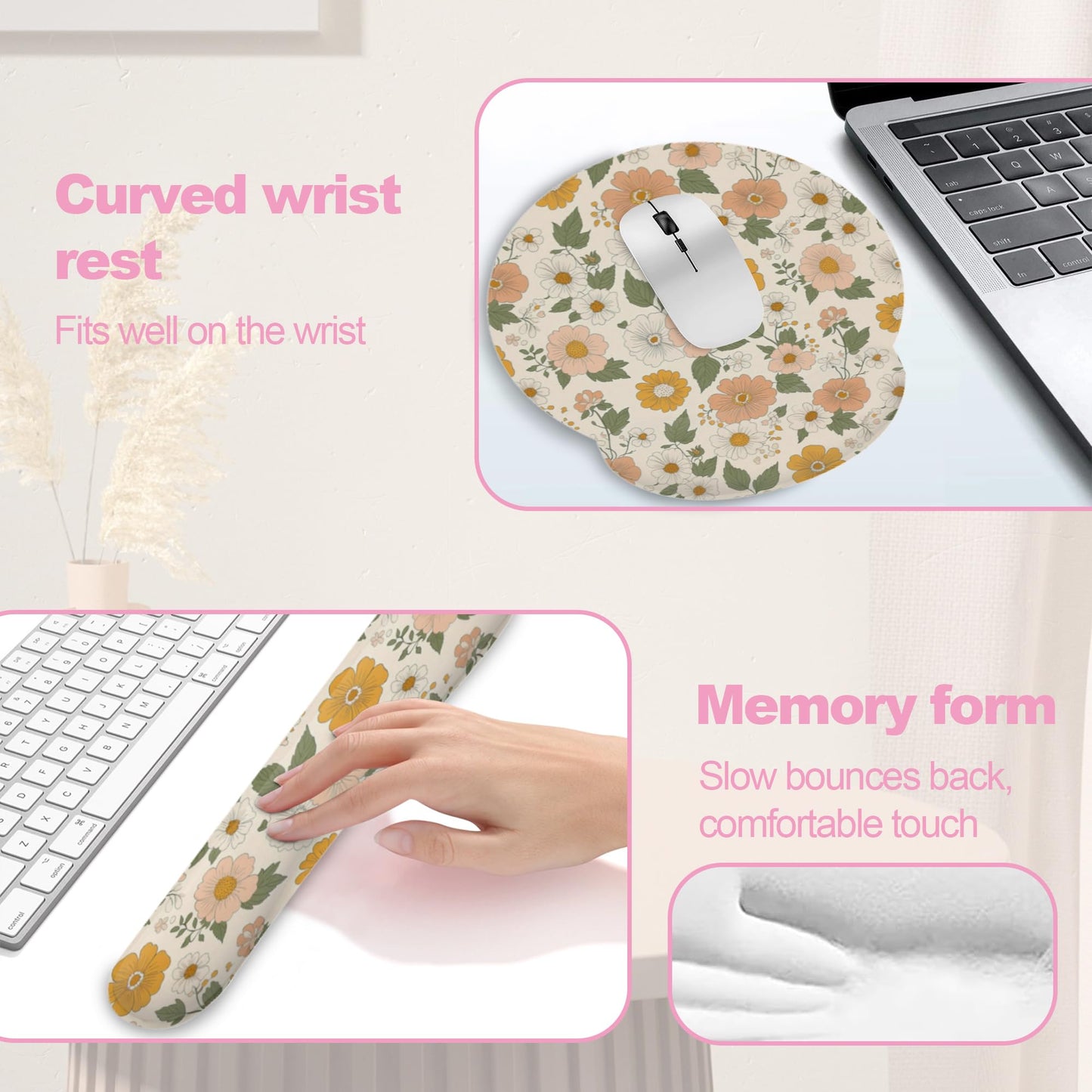 Retro Boho Groovy Flower Mouse Pad with Wrist Rest and Keyboard Wrist Rest Set, Non-Slip Rubber Base Memory Foam Mouse Pad Set for Women, Office Desk
