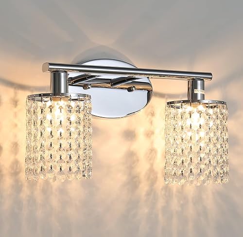 Luburs Crystal Bahtroom Vanity Light,Chrome Sconces Wall Lighting,2-Light Modern Vanity Lights for Bathroom Over Mirror Wall Sconces
