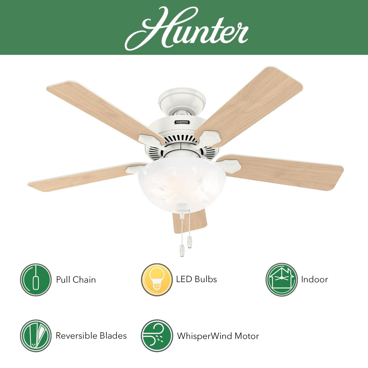 Hunter Fan 44 Inch Fresh White Indoor Ceiling fan with LED Light and Pull Chain for Bedroom, Living Room, Office, Basement, Kitchen, Dining Room