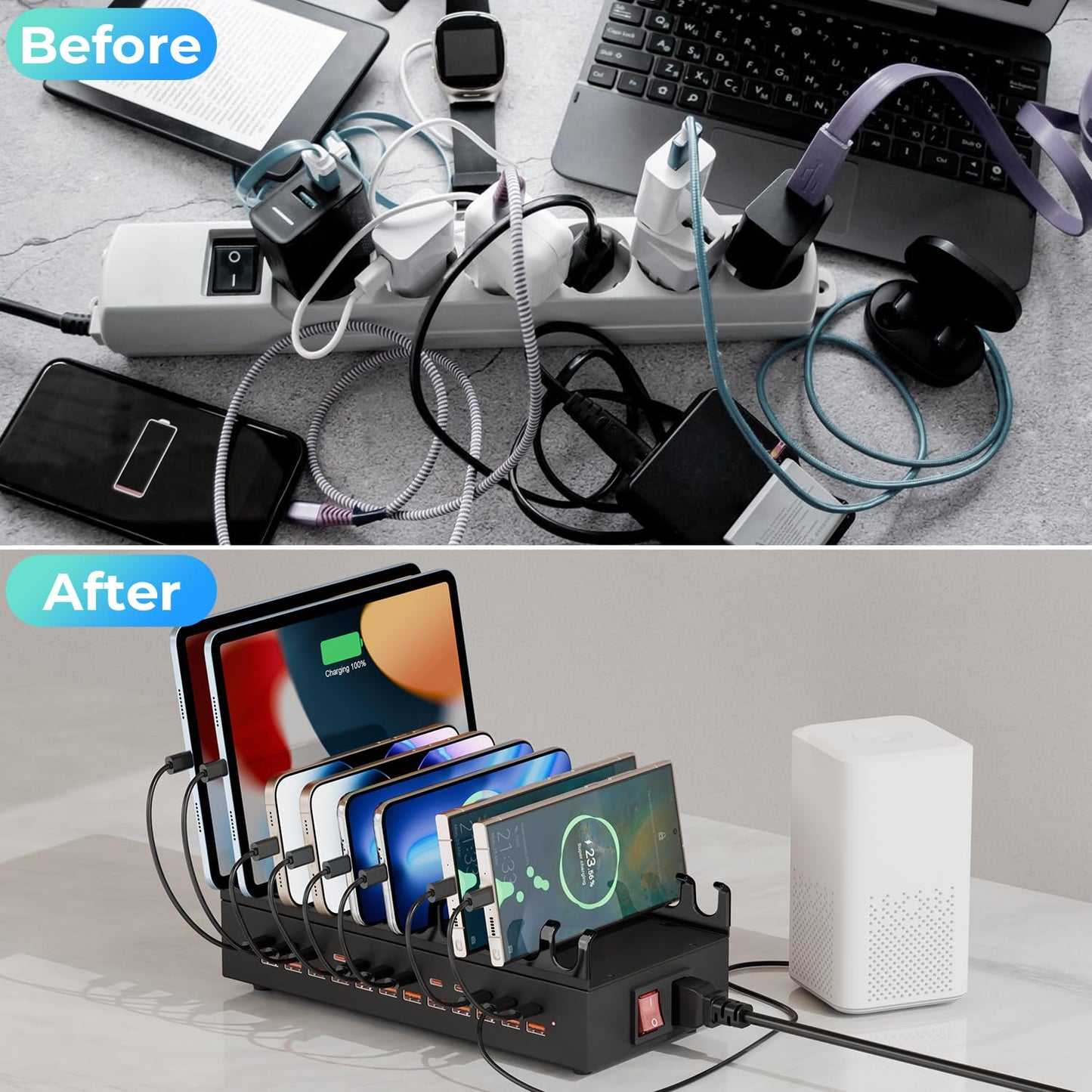 300W USB Charging Station, 24 Port Fast Charging Station for Multiple Devices, PD USB C Charger Block, Smart Power Delivery & Multi Protection