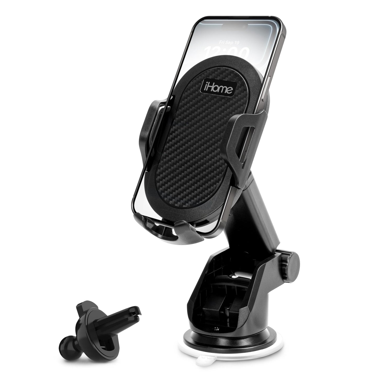 iHome Car Mount, Dashboard/Windshield/Vent Mount, Swivel Neck, Silicone Grip, Adjustable Mount Arm with Suction Cup Base (Universal Car Mount)