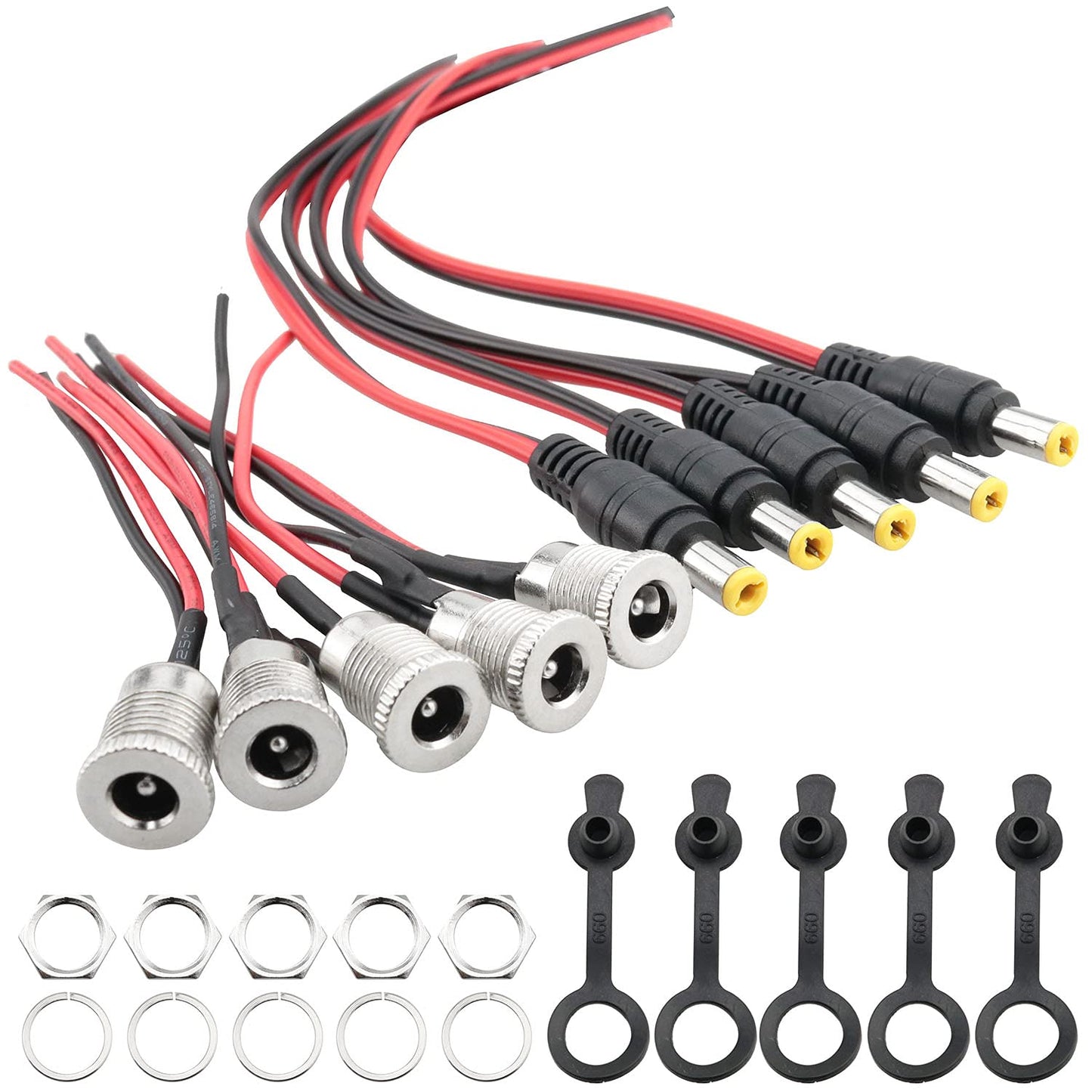 Ruiwaer 5 Sets 5.5 x 2.1 mm DC Power Jack Socket Threaded Female Panel Mount Connector Adapter with Dustproof Plug for MP3 Phone Audio Video CCTV