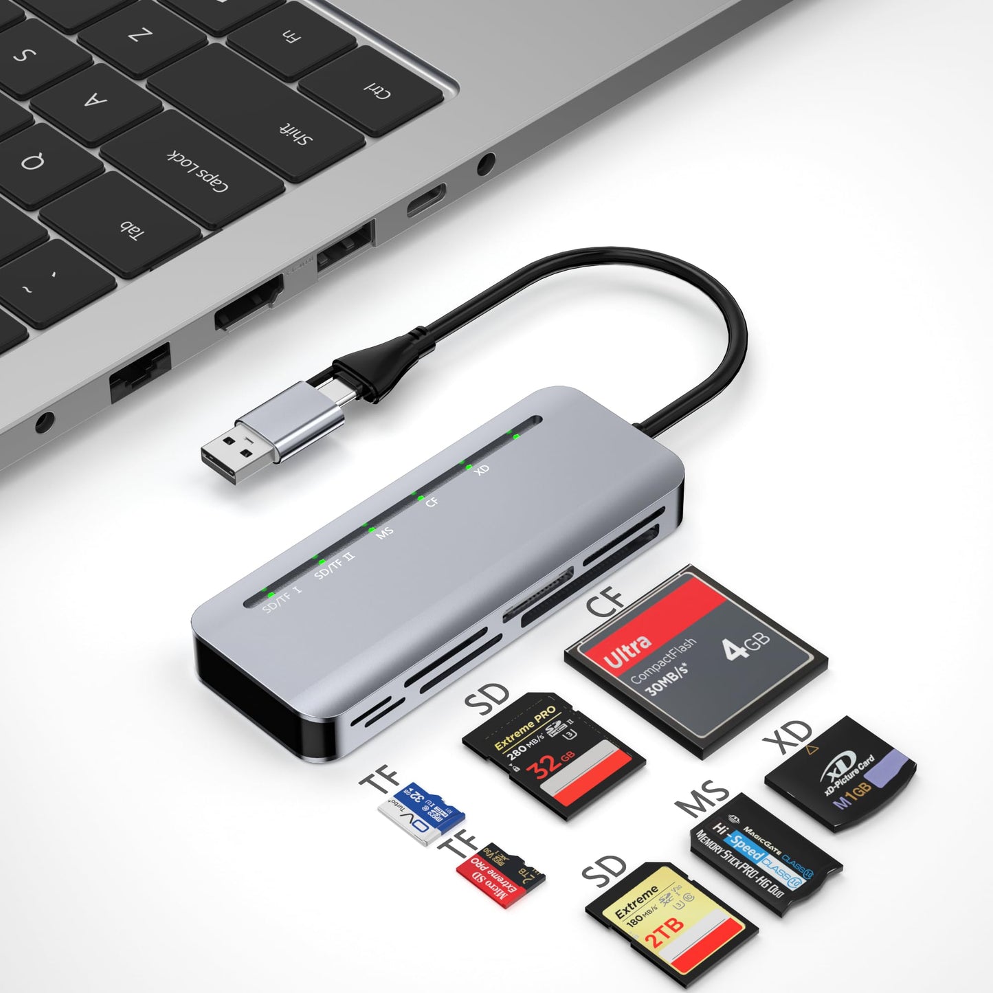 7-in-2 Memory Stick Pro Duo Card Reader, USB-A & USB-C Multi-Card Reader for SD/TF/CF/MS/XD Memory Cards, 5Gbps High-Speed Transfer, SD Card Reader