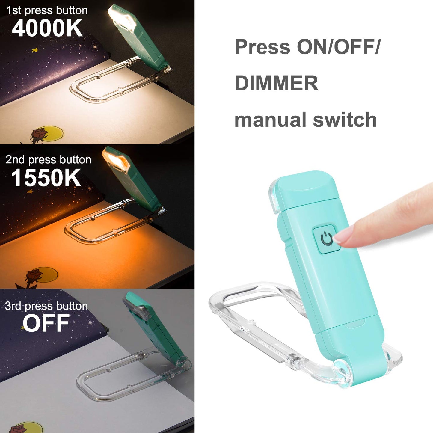 BIGLIGHT Amber Book Reading Light, LED Clip on Book Lights, Reading Lights for Books in Bed, Small Book Light for Kids, USB Rechargeable, 2 Brightness