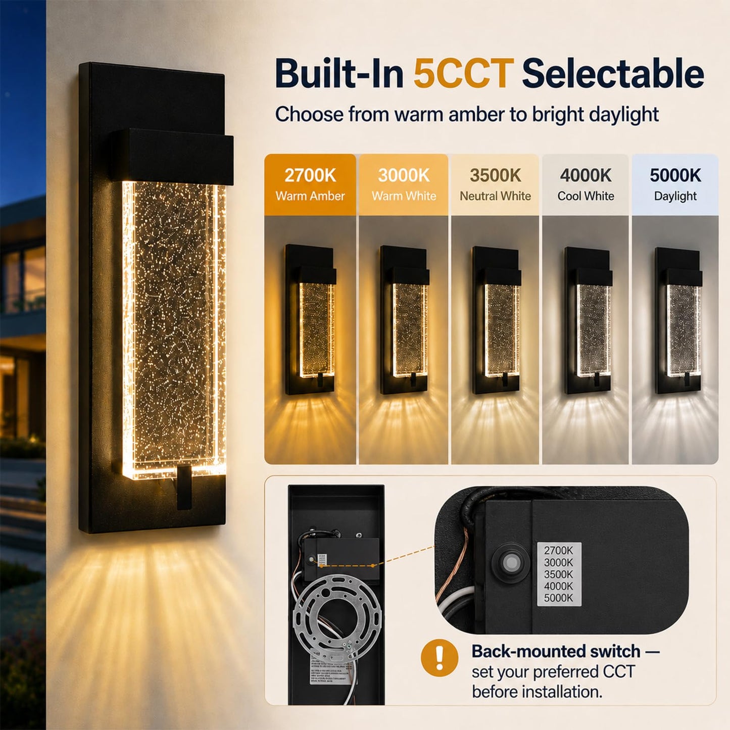 iYogaled Modern Outdoor Wall Lights with Crystal Bubble Glass, 12 Inch Waterproof Exterior Sconce, 5CCT Adjustable & Dimmable Porch Lights, Black