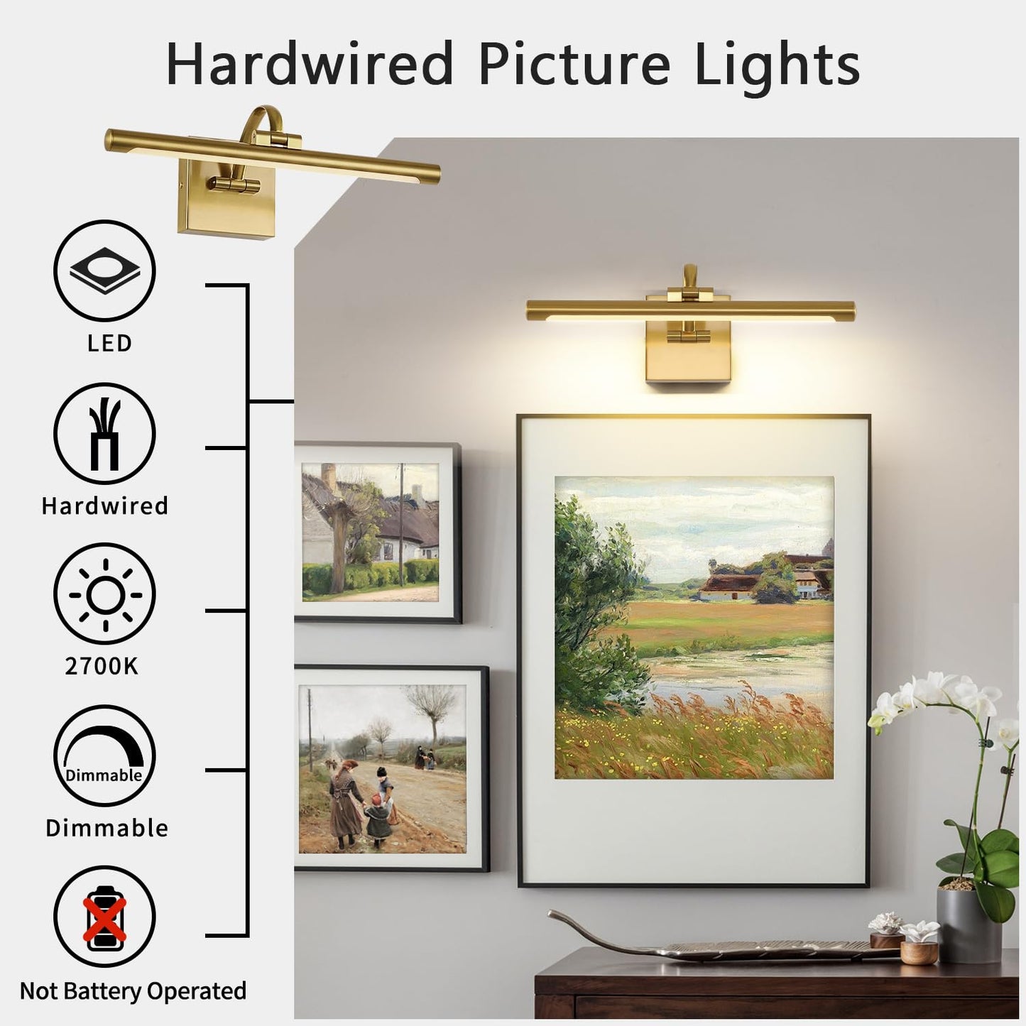 DESOOP Brass Picture Lights for wall Hard-Wired LED Picture Lighting Dimmable Art Light Gallery Lighting for Wall Portraits Artwork 15.75 inch 7W Warm