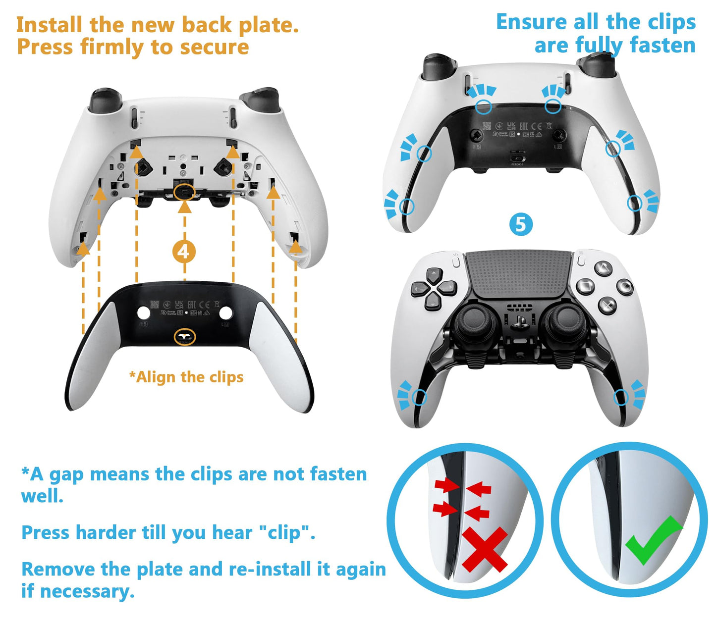 VOOCAT A Pair of Replacement Back Shell Cover Trim for DualSense Edge Controller Compatible with PS5 DSE - Clip-On Housing with OEM-Spec Soft Cam
