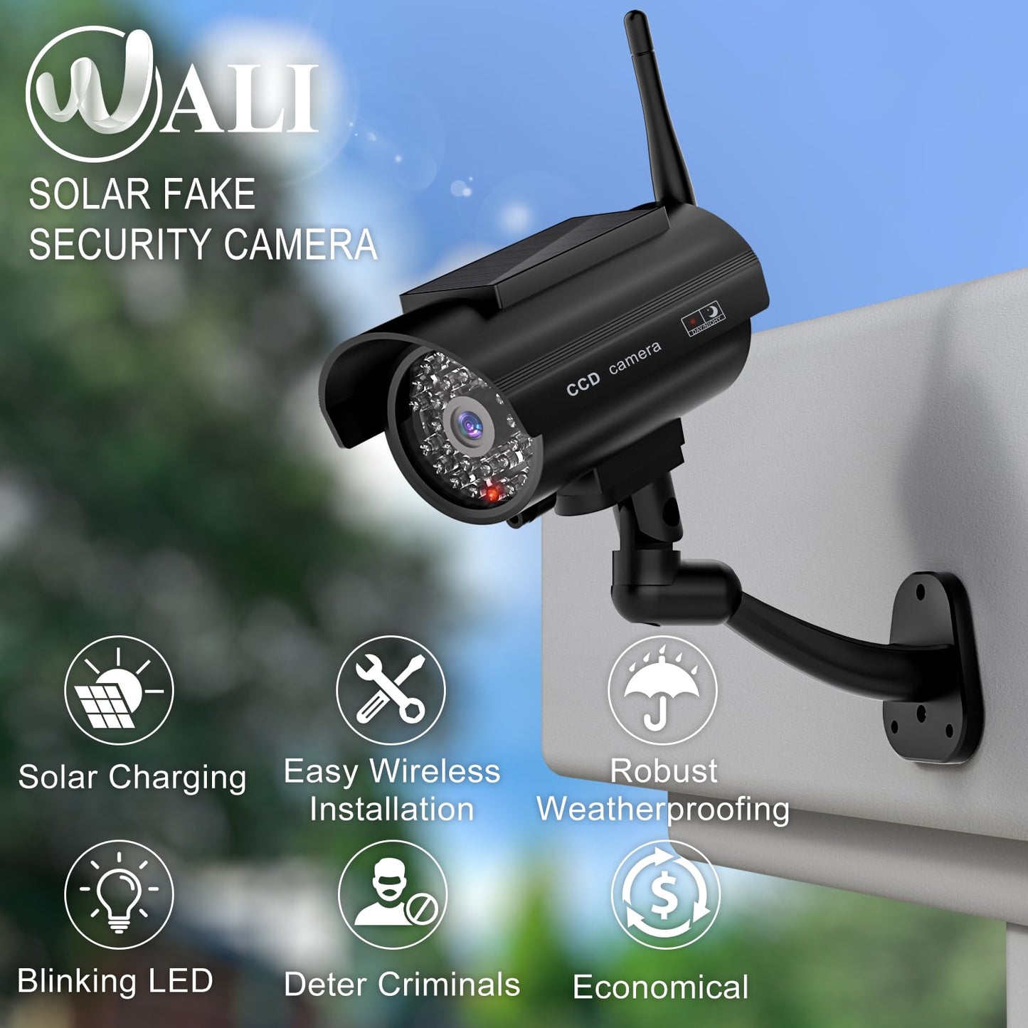 WALI Dummy Fake Camera, Solar Powered Fake Security Camera with LED Light, Simulated Surveillance Security CCTV Dome Cameras with Antenna and Warning