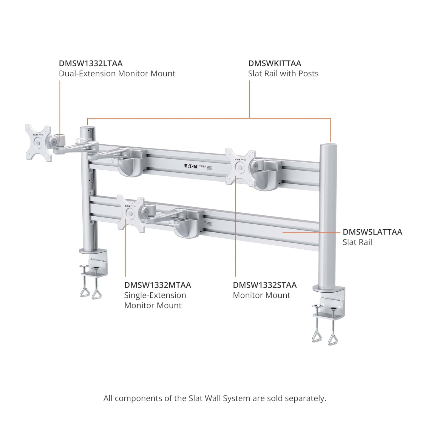 Eaton Tripp Lite Monitor Mount 12.6" Extension Arm for DMSWKITTAA Slat Wall Mount System, Full Swivel + Rotation, VESA Compliant for 13" to 32"
