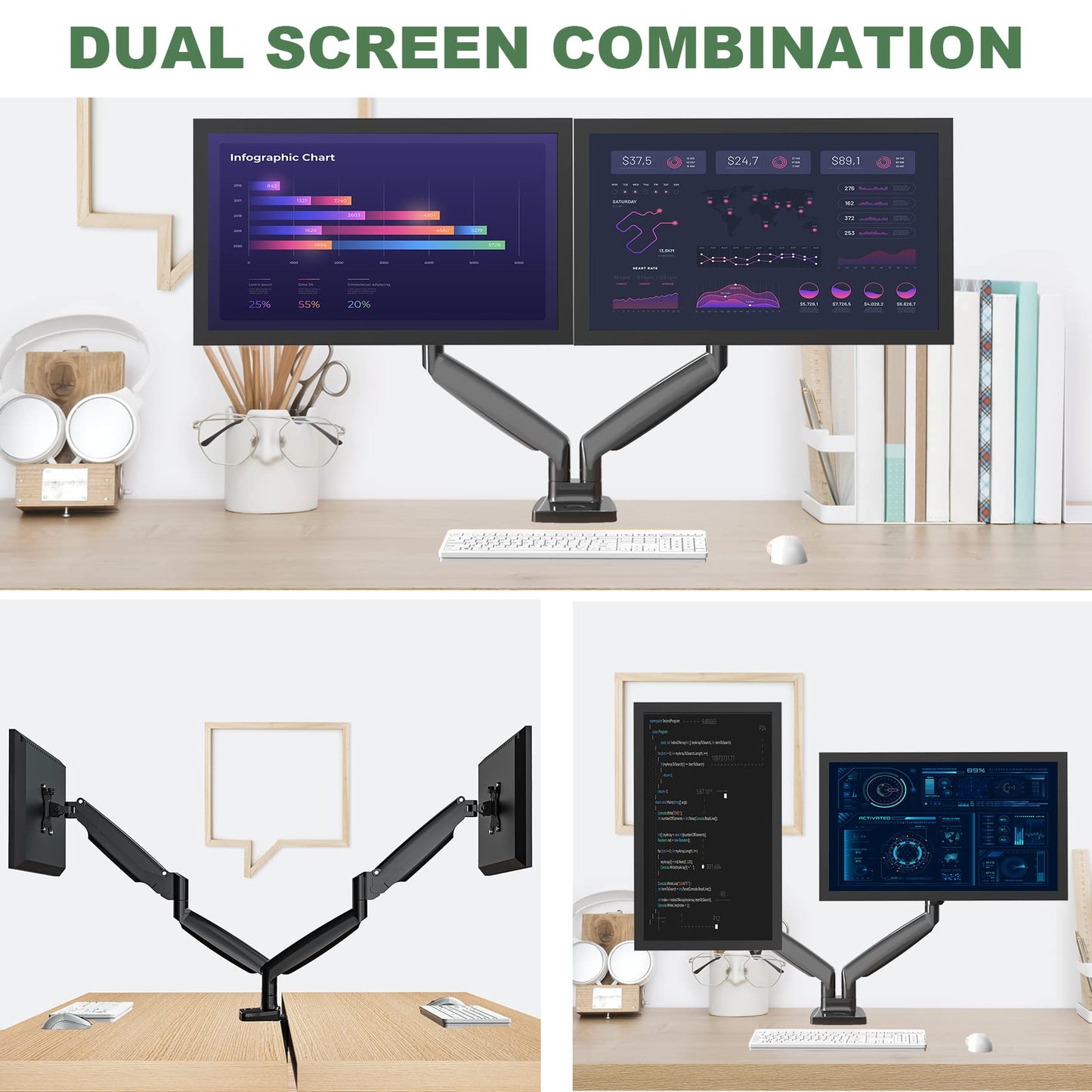 UPGRAVITY Dual Monitor Mount, Dual Monitor Desk Mount for Two Ultrawide 22"-34" Flat/Curved Computer Screens, Fully Adjustable Gas Spring Double