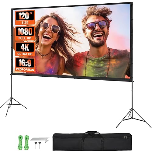 VEVOR Projector Screen with Stand, 120 inch 16:9 4K 1080 HD Outdoor Movie Screen with Stand, Wrinkle-Free Projection Screen with Tripods and Carry