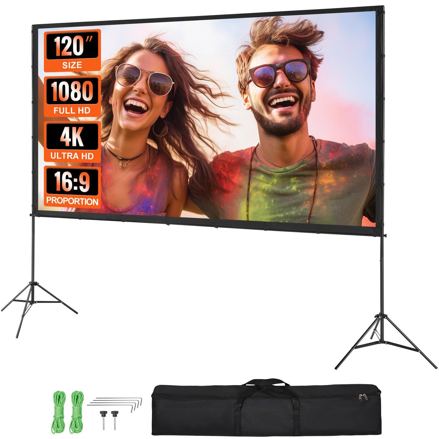 VEVOR Projector Screen with Stand, 120 inch 16:9 4K 1080 HD Outdoor Movie Screen with Stand, Wrinkle-Free Projection Screen with Tripods and Carry