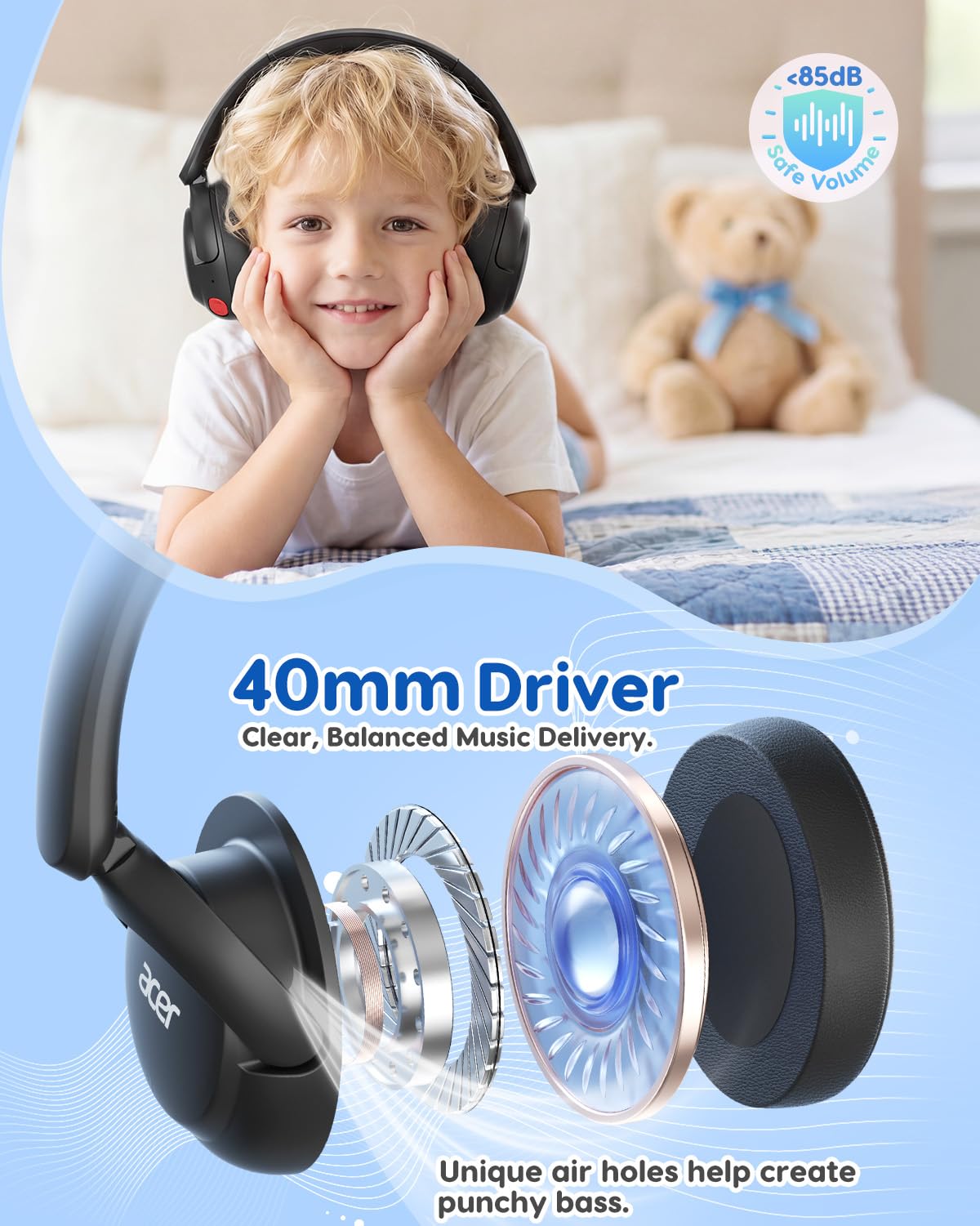 Acer Kids Bluetooth Headphones, 85dB Volume Limiter, Foldable Wireless Over-Ear Headphones for iPad, Travel, 75H Playtime, Bluetooth 5.4, Built-in