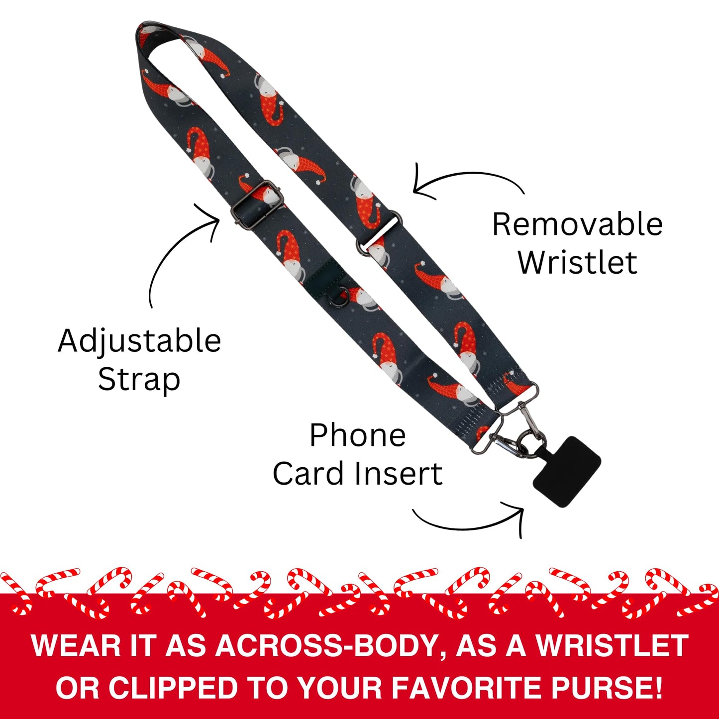 Save the Girls Clip and Go Phone Strap Christmas Collection (Peeking Gnomes) - Crossbody Phone Strap and Phone Wrist Strap Limited Edition - Phone