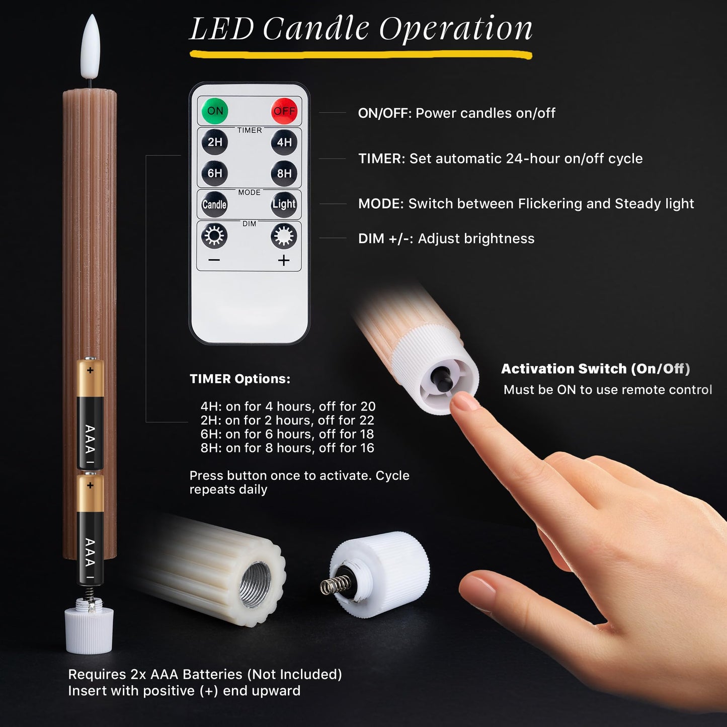 WYZworks Coordinated Chocolatey Mocha Brown 4 Pack, 10" Real Wax LED Flameless Fluted Ribbed Grooved Taper Candles, Remote & Timer Memory, On/Off