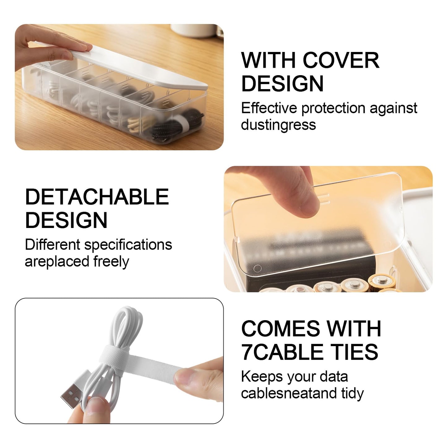 Asonen Cable Organizer Box with 14 Wire Ties and 6 Magnetic Cable Clips, Desktop Cord Management Box with Dividers and Lid for Home Office Storage