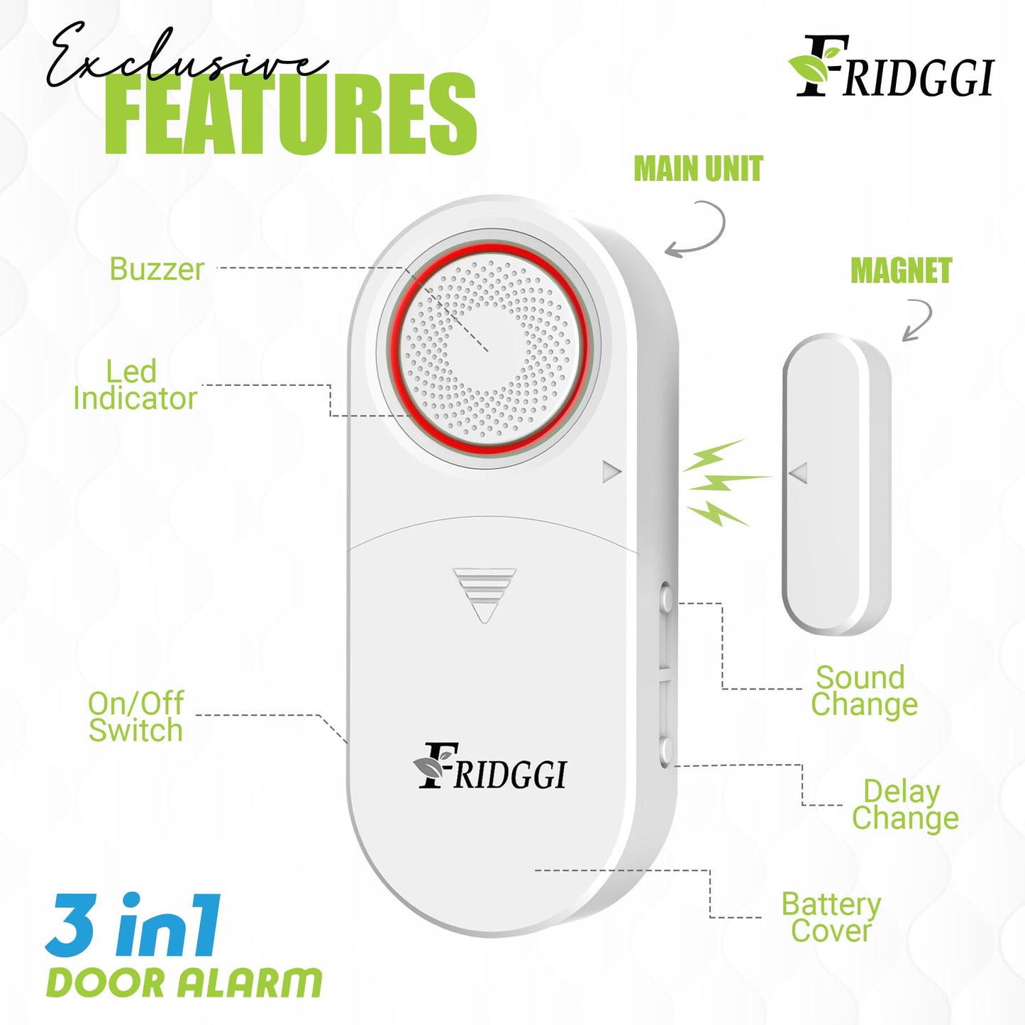 3-in-1 Alarm - Door Left Open Alarm, Doors Chime with Delay, 0/5/10/30/60 Seconds, 2/5 Minutes, Gate Ajar Alert, 80 to 120 dB, Close Door Reminder