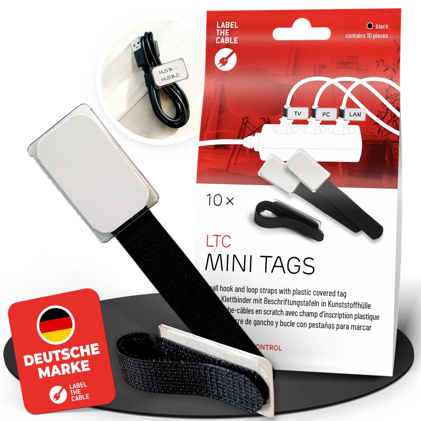 Cable Management Cable Ties with Labels, 10 PCS, Black - Reusable Hook and Loop Cable Labels, Cord Organizer for Travel, Wire Management, Wire Labels